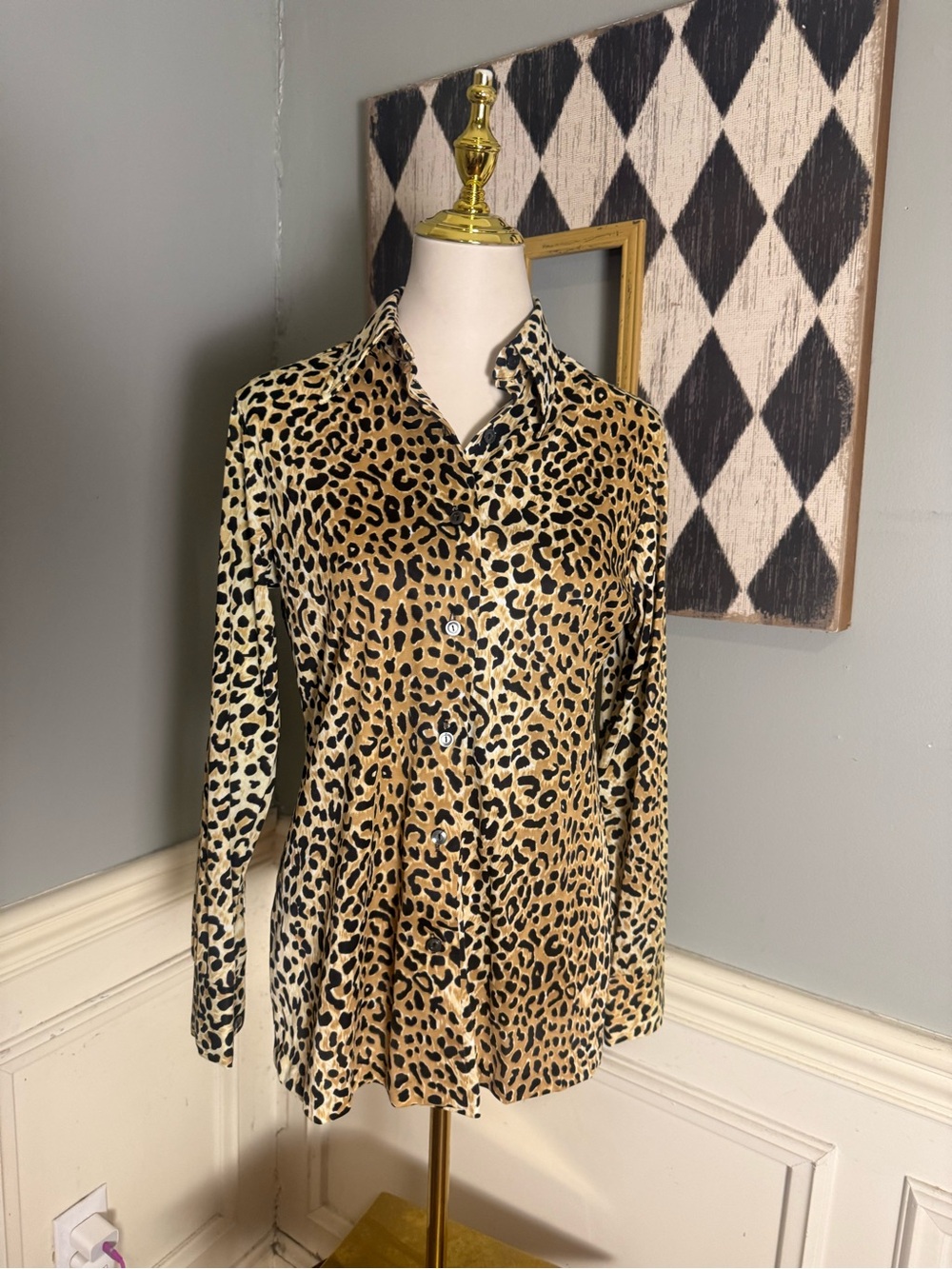Vintage Avant Garde Leopard Print Button Down Top Medium 80s 90s Animal Print